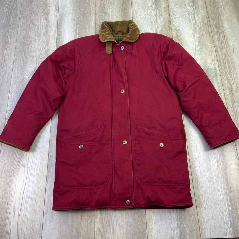 VINTAGE Eddie Bauer Chore Jacket Womens S Red Goose Down Zip Button Canvas 90's